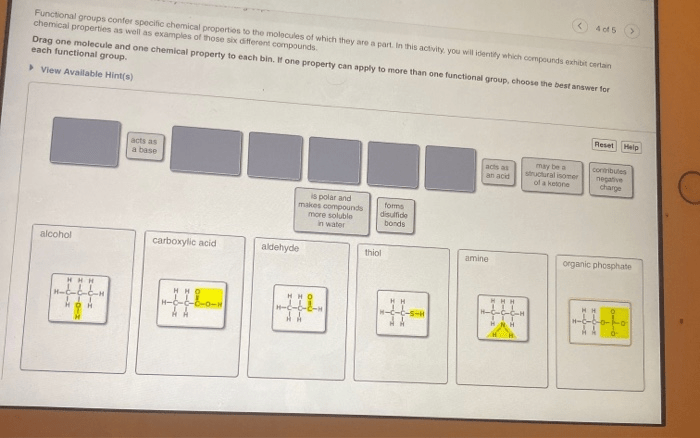 Drag one molecule and one chemical property to each bin